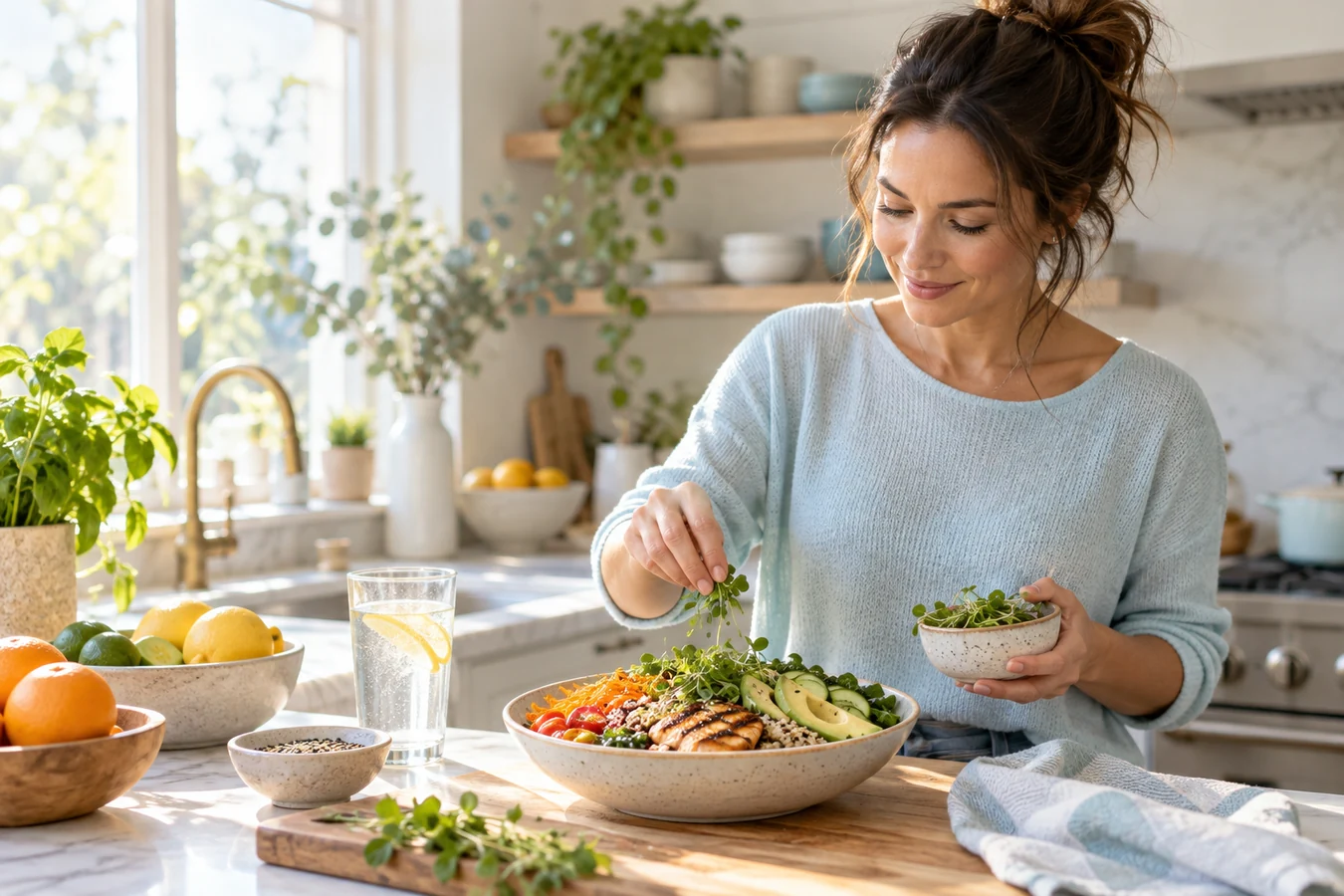 A woman prepares a balanced meal at home