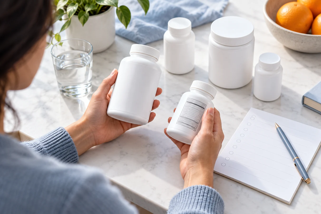 A reader compares anonymous supplement bottle labels beside a checklist