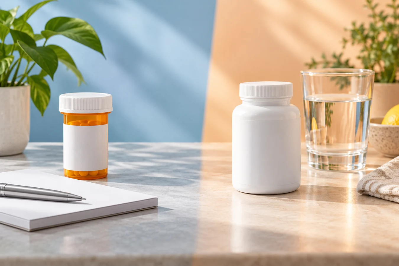 Unbranded prescription container and dietary supplement bottle shown in separate settings